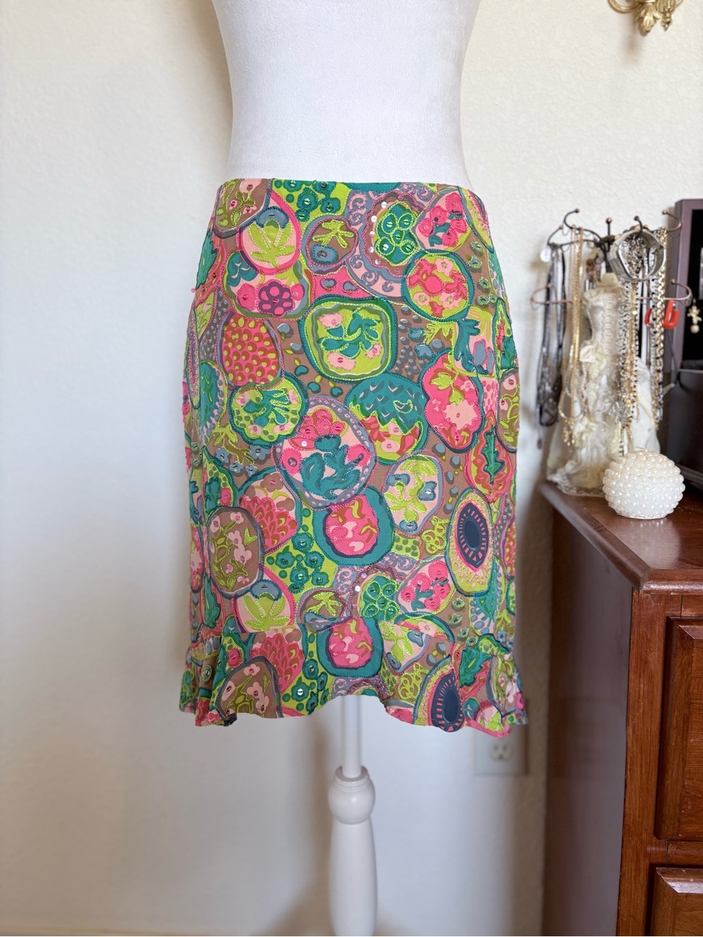Vintage Y2K Nanette Lapore Silk Colorful Abstract Embroidered Ruffle Hem Skirt
